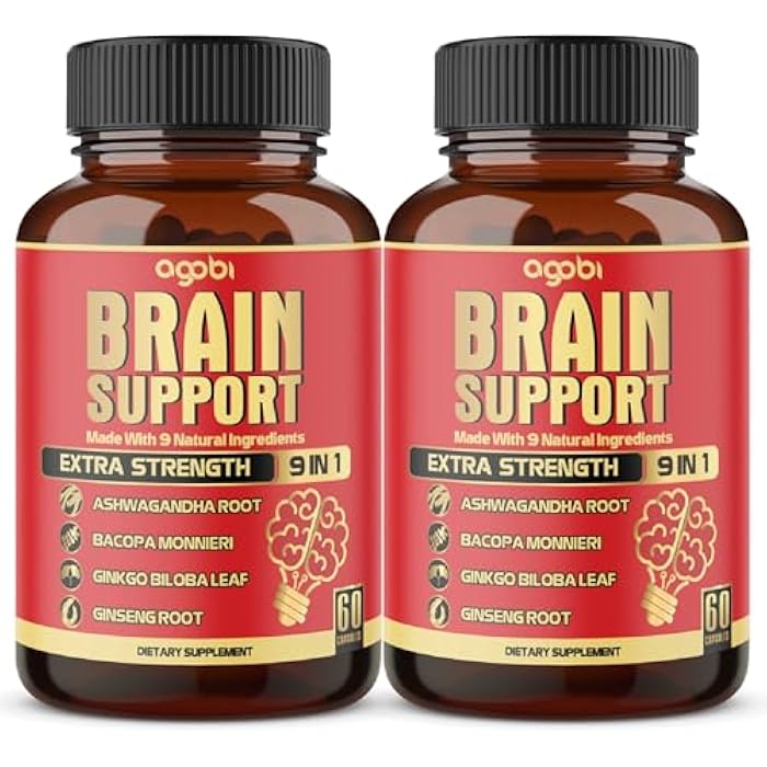 agobi 9in1 Brain Support Supplement - 2 Packs 60 Counts Blended Ashwagandha, Panax Ginseng, Gotu Kola, Ginkgo, Black Pepper & More - Accuracy, Focus, Memory & Energy Production Support - Image 1