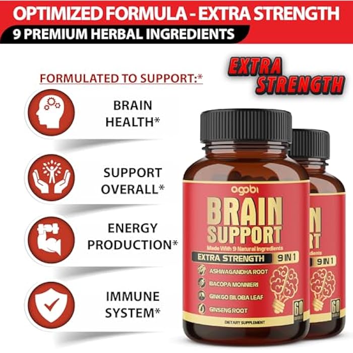 agobi 9in1 Brain Support Supplement - 2 Packs 60 Counts Blended Ashwagandha, Panax Ginseng, Gotu Kola, Ginkgo, Black Pepper & More - Accuracy, Focus, Memory & Energy Production Support - Image 3