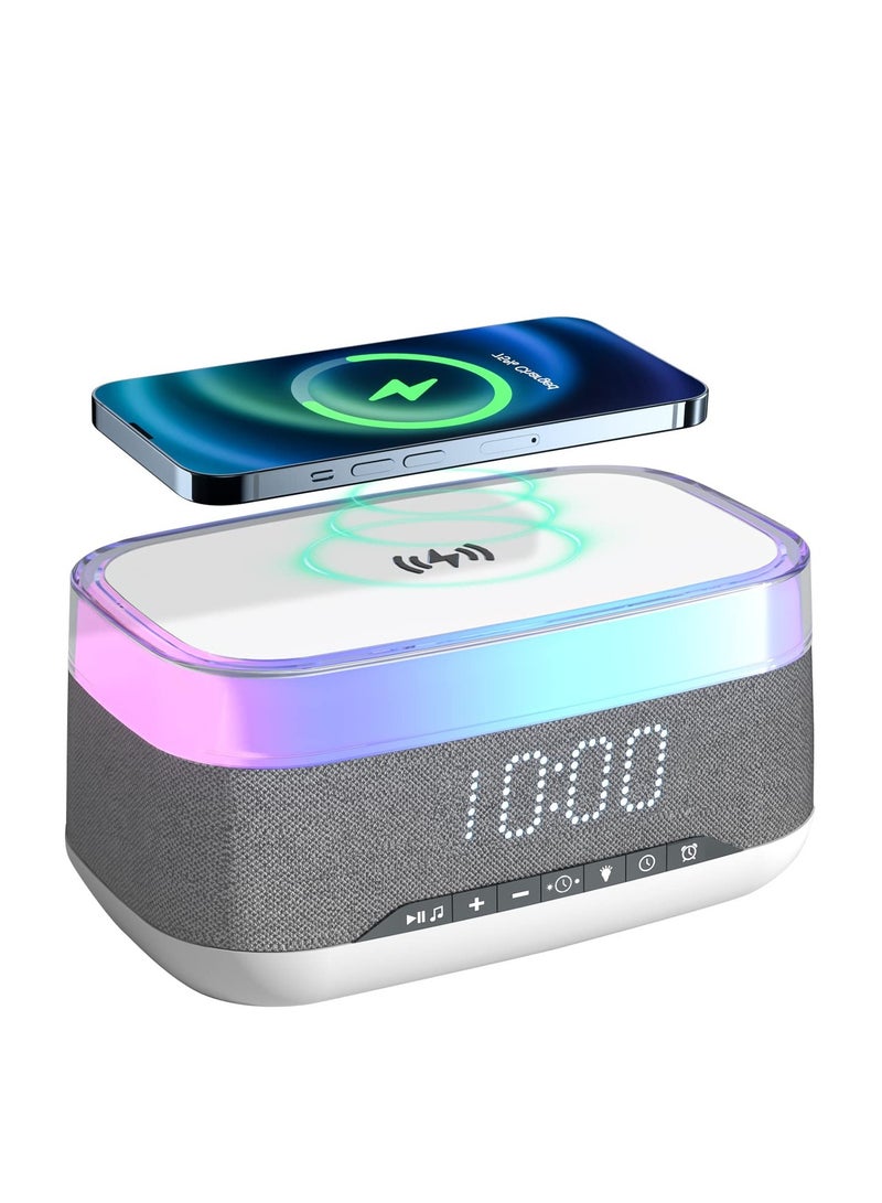 Excefore Bluetooth Speaker with Digital Alarm Clock, Fast Wireless Charger, All-in-One Digital Alarm Clock with 7-Color Night Light, 3 Level Dimmer, 12/24H Format & Adjustable Volume, for Bedroom, Desk - Image 1