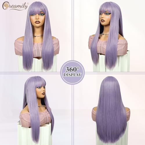 Creamily Long Straight Hair for Women Full Head Natural, Synthetic Full Head Hair Wig for Women,Anime Wig with Bangs for Cosplay Party (Light Purple,22 Inches) - Image 3