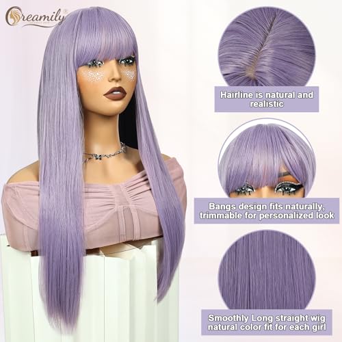 Creamily Long Straight Hair for Women Full Head Natural, Synthetic Full Head Hair Wig for Women,Anime Wig with Bangs for Cosplay Party (Light Purple,22 Inches) - Image 4