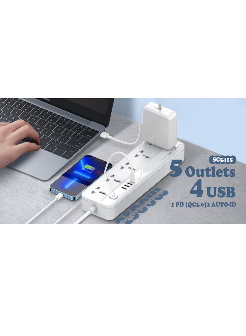 لدنيو مشترك كهرباء Surge سريع الشحن SC5415 - مع 5 منافذ تيار متردد و4 منافذ شحن USB مقبس طاقة PD بطول 2 متر - أبيض - Image 4