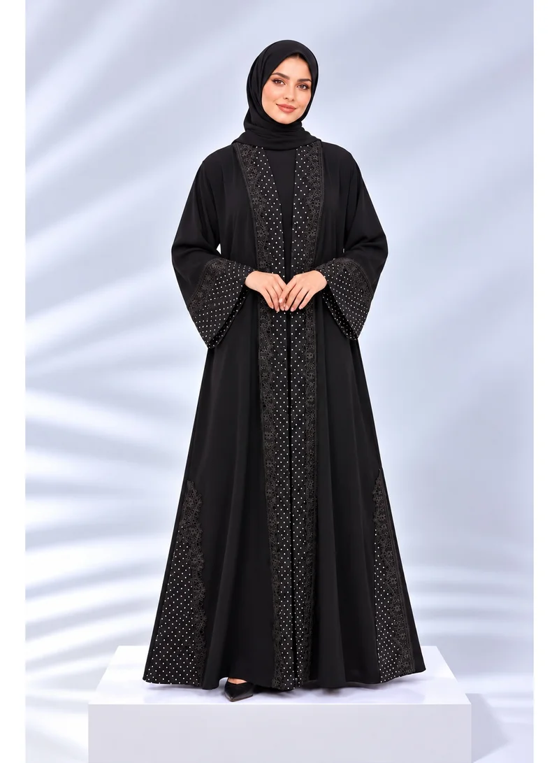Ophelia Black Open-Front Abaya with Sheer Polka-Dot Paneling and Lace Trim