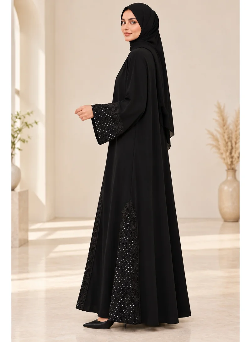 Ophelia Black Open-Front Abaya with Sheer Polka-Dot Paneling and Lace Trim