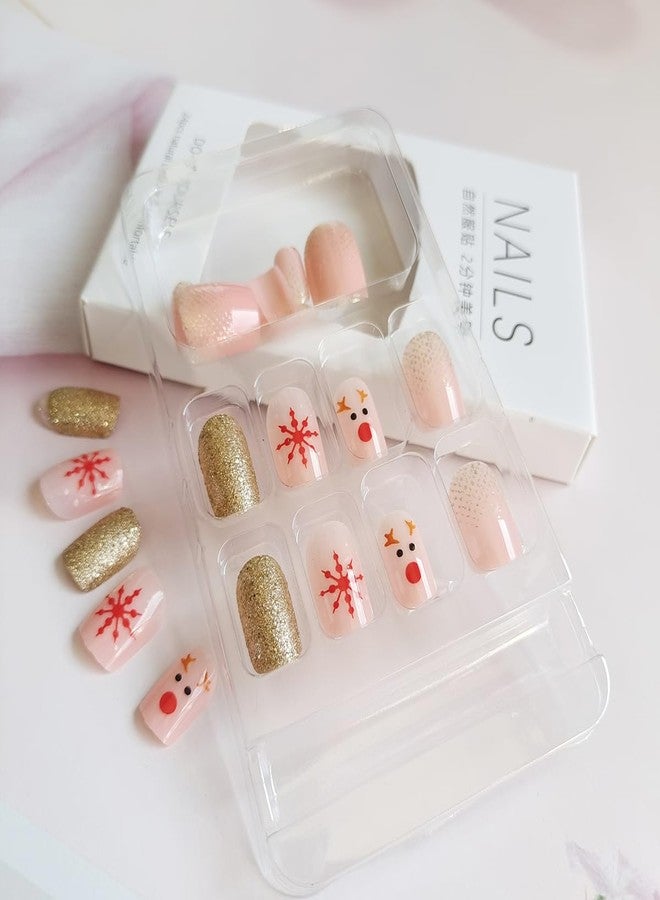 BYJKYEN 24Pcs Christmas Press on Nails Short Square Fake Nails Snowflake Cute Reindeer Design with Gold Glitter Nude False Nails Holiday Nail Art Press on Nails Fake Nails for Xmas Acrylic Stick on Nails Set - Image 3