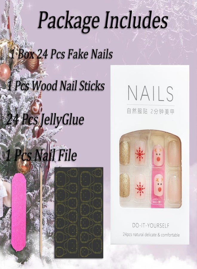 BYJKYEN 24Pcs Christmas Press on Nails Short Square Fake Nails Snowflake Cute Reindeer Design with Gold Glitter Nude False Nails Holiday Nail Art Press on Nails Fake Nails for Xmas Acrylic Stick on Nails Set - Image 5