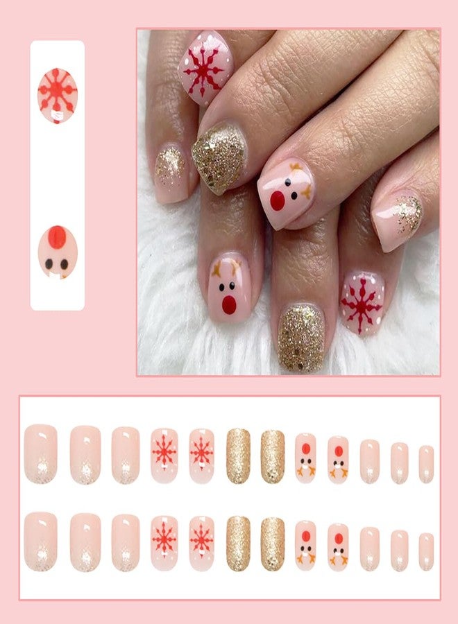BYJKYEN 24Pcs Christmas Press on Nails Short Square Fake Nails Snowflake Cute Reindeer Design with Gold Glitter Nude False Nails Holiday Nail Art Press on Nails Fake Nails for Xmas Acrylic Stick on Nails Set - Image 2