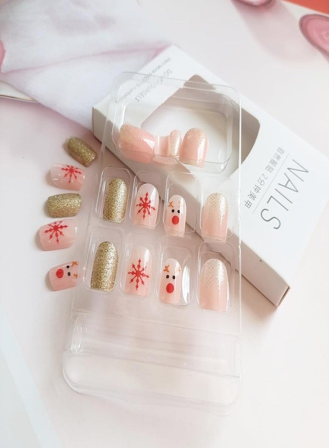 BYJKYEN 24Pcs Christmas Press on Nails Short Square Fake Nails Snowflake Cute Reindeer Design with Gold Glitter Nude False Nails Holiday Nail Art Press on Nails Fake Nails for Xmas Acrylic Stick on Nails Set - Image 4