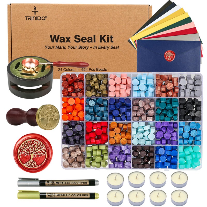 TRINIDa Wax Seal Kit Premium Wax Seal Stamp Kit with 24 Colors 624 Pcs Beads Metallic Pens Warmer Spoon and Tea Candles for Wedding Invitation Letter Envelope Gift Cards DIY Crafts