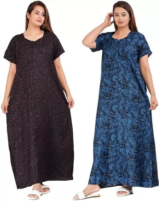 Vlazom Women's Pure Cotton Rajasthani Nighty & Jaipuri Maxi Gown – Pack of 2, Soft & Breathable Sleepwear (Blue&BluePink, Free Size) - Image 1