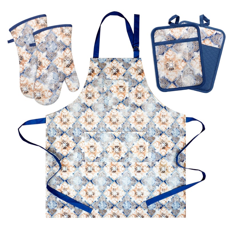 RED LMLDETA Oven Mitts and Pot Holders with Cooking Apron Set of 5, Heat Resistant Kitchen Gloves and Silicone Non-Slip Potholders, Adjustable Neck Buckle Chef Apron, Cotton Nice Design for Cooking (Blue Retro) - Image 1