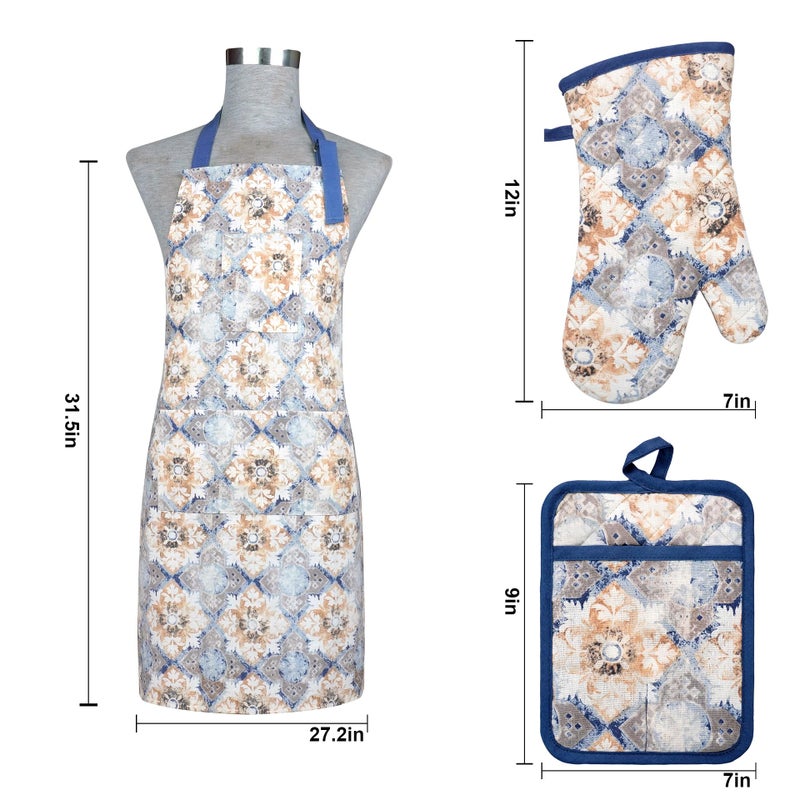 RED LMLDETA Oven Mitts and Pot Holders with Cooking Apron Set of 5, Heat Resistant Kitchen Gloves and Silicone Non-Slip Potholders, Adjustable Neck Buckle Chef Apron, Cotton Nice Design for Cooking (Blue Retro) - Image 3