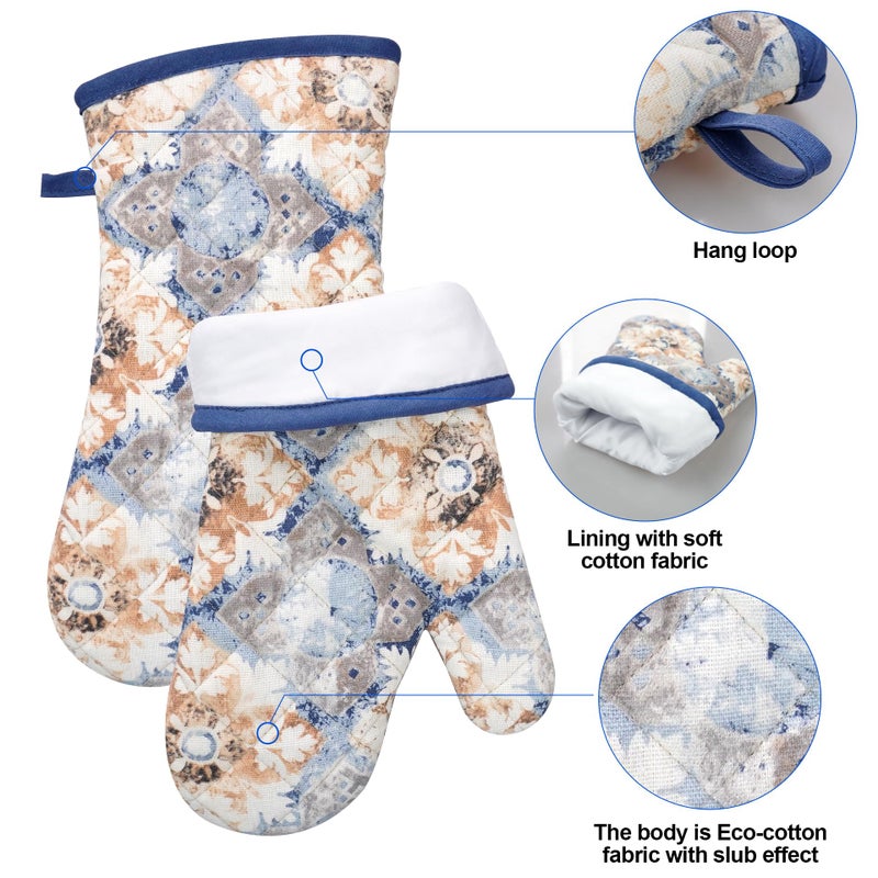 RED LMLDETA Oven Mitts and Pot Holders with Cooking Apron Set of 5, Heat Resistant Kitchen Gloves and Silicone Non-Slip Potholders, Adjustable Neck Buckle Chef Apron, Cotton Nice Design for Cooking (Blue Retro) - Image 4