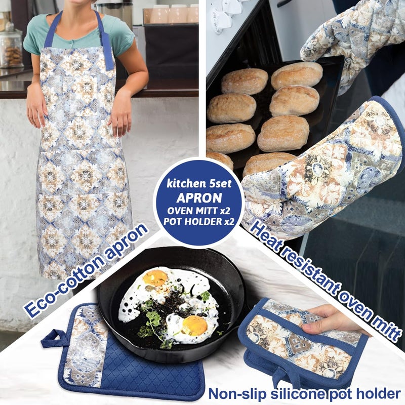 RED LMLDETA Oven Mitts and Pot Holders with Cooking Apron Set of 5, Heat Resistant Kitchen Gloves and Silicone Non-Slip Potholders, Adjustable Neck Buckle Chef Apron, Cotton Nice Design for Cooking (Blue Retro) - Image 2