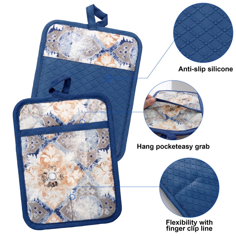 RED LMLDETA Oven Mitts and Pot Holders with Cooking Apron Set of 5, Heat Resistant Kitchen Gloves and Silicone Non-Slip Potholders, Adjustable Neck Buckle Chef Apron, Cotton Nice Design for Cooking (Blue Retro) - Image 5