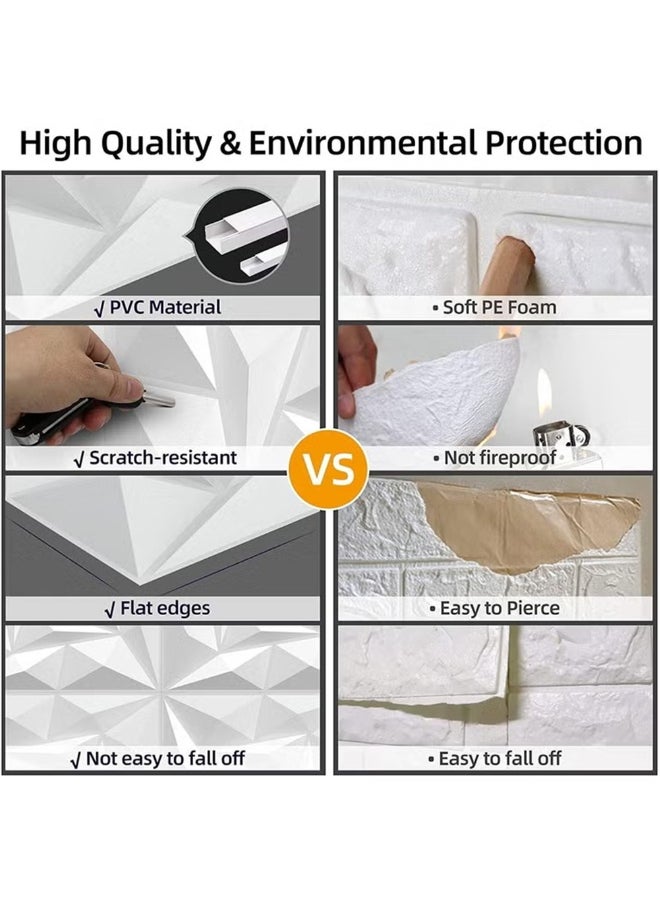 EzzySo - 12 Pcs 3D Wall Panel 3D Texture PVC Wallpaper Diamond Design Decorative Wall Cover For Living Room Lobby Bedroom Office PVC Material White Each 30x30cm - Image 1