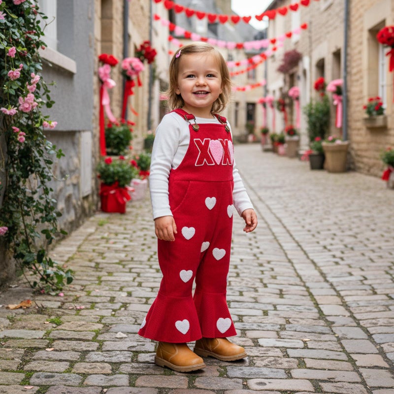 Rtnnsbbfcm Toddler Baby Girl Valentines Outfit Love Heart Overalls Kids Bell Bottoms Little Girls Spring Clothing (Heart, 6-12 Months) - Image 2