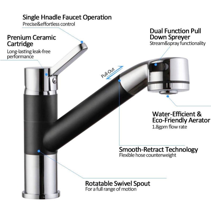 AQUAKART AQUAKART Short Single Lever Kitchen Sink Mixer with 360 Swivel Spout and PullDown SprayerBlack and Chrome Finish Sink Faucet Sink Tap Black Brass and Chrome Finish - Image 2