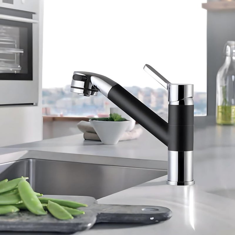 AQUAKART AQUAKART Short Single Lever Kitchen Sink Mixer with 360 Swivel Spout and PullDown SprayerBlack and Chrome Finish Sink Faucet Sink Tap Black Brass and Chrome Finish - Image 1