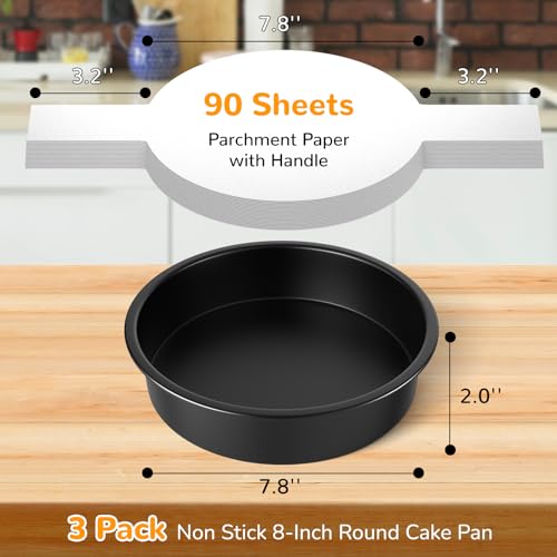 AltarreT 8 Inch Round Cake Pan Set of 3 Nonstick Baking Pans with 100PCS Parchment Paper Dishwasher Safe - Image 3
