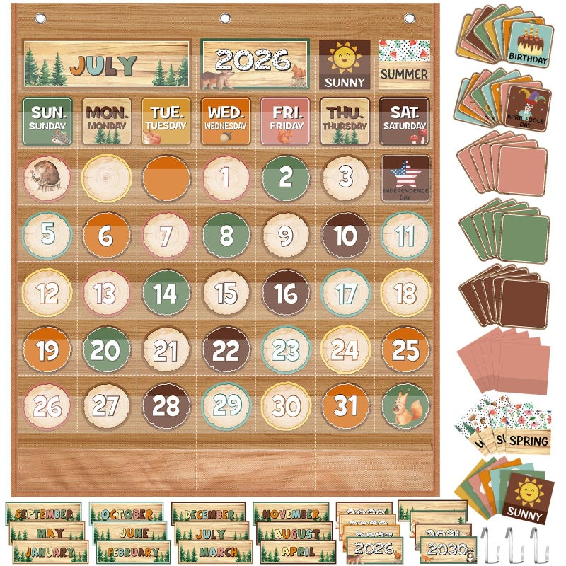 Sinload Classroom Calendar Pocket Chart Set Calendar Bulletin Board Set Seasons Festival Weather Pocket Chart for Classroom Decoration Back to School SuppliesWoodlandWood Color - Image 2