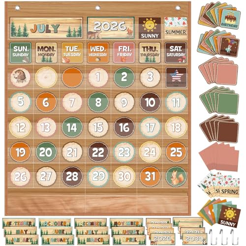 Sinload Classroom Calendar Pocket Chart Set Calendar Bulletin Board Set Seasons Festival Weather Pocket Chart for Classroom Decoration Back to School SuppliesWoodlandWood Color - Image 1