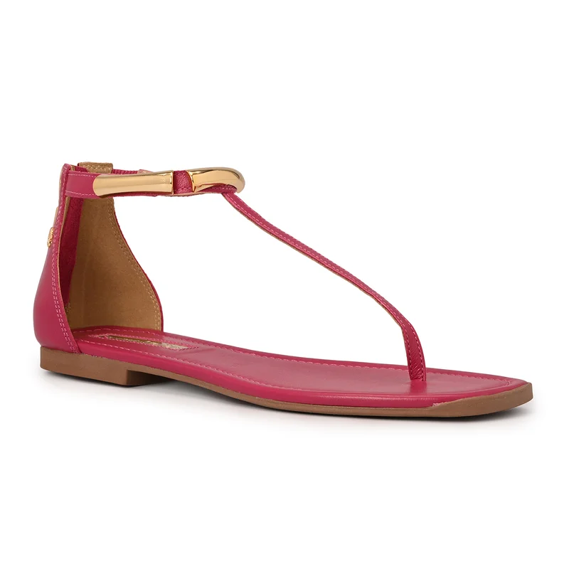 Fuchsia Pink Flat Sandal Leather with Metal Details