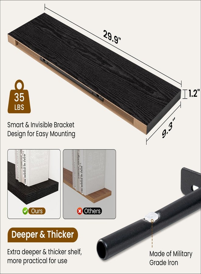 Fun Memories Floating Shelves for Wall, 30 Inch Rustic Wood Wall Mounted Shelves for Bathroom, Bedroom, Kitchen, Living Room, Deep Floating Shelves for Storage & Home Decor (Black, Set of 2) - Image 3