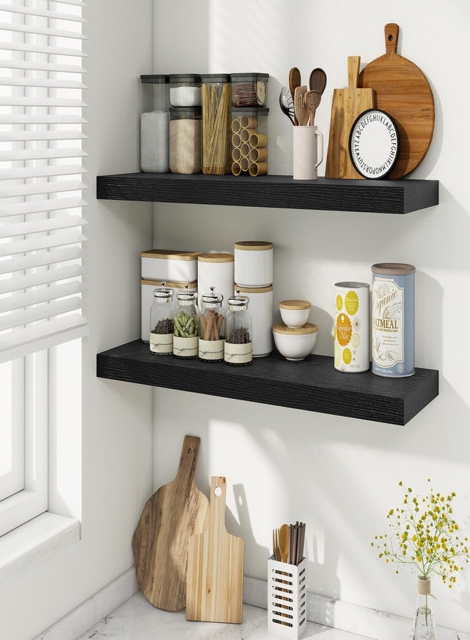 Fun Memories Floating Shelves for Wall, 30 Inch Rustic Wood Wall Mounted Shelves for Bathroom, Bedroom, Kitchen, Living Room, Deep Floating Shelves for Storage & Home Decor (Black, Set of 2) - Image 2