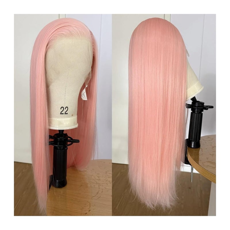 Light pink lace wig 13x4 long straight synthetic fiber front, women's style, heat-resistant, natural hairline, daily(LACE FRONT_26INCHES) - Image 5