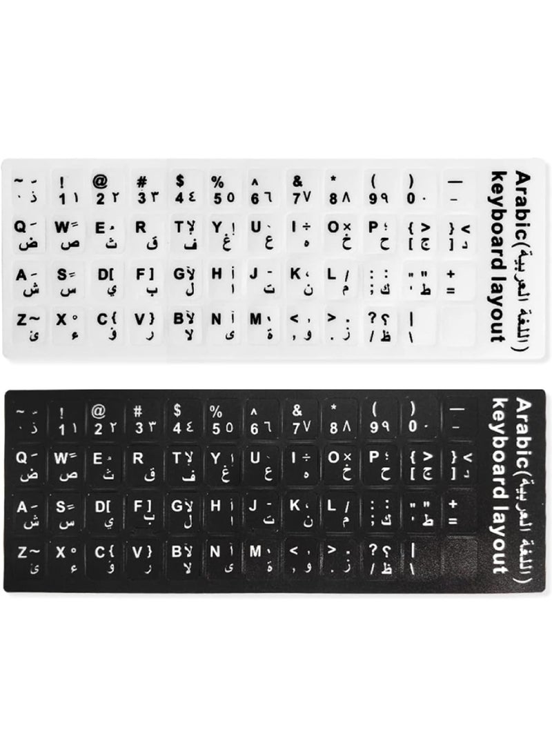 Rock Pow 2PCS Arabic Keyboard Stickers Arabic-English Keyboard Letters Replacement Stickers Black Background with White Font for Computer Laptop Notebook Desktop Matte Arabic Keyboard Alphabet Stickers  - Image 1