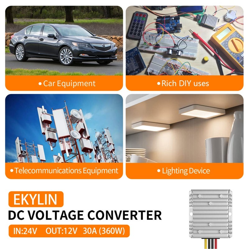 Ekylin 24v to 12v Converter, Step Down Converter 30A 360W for Heavy Duty Truck Car Power Reducer Converter for Auto Car Truck Vehicle Boat Solar System etc.(DC15-40V Inputs) - Image 3