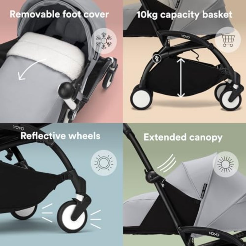 YOYO3 Baby Stroller for newborns: black aluminum frame with stone-colored fabric, ultra-soft mattress, five-point harness, extendable UV50+ canopy, padded shoulder strap, and protective storage bag - Image 5