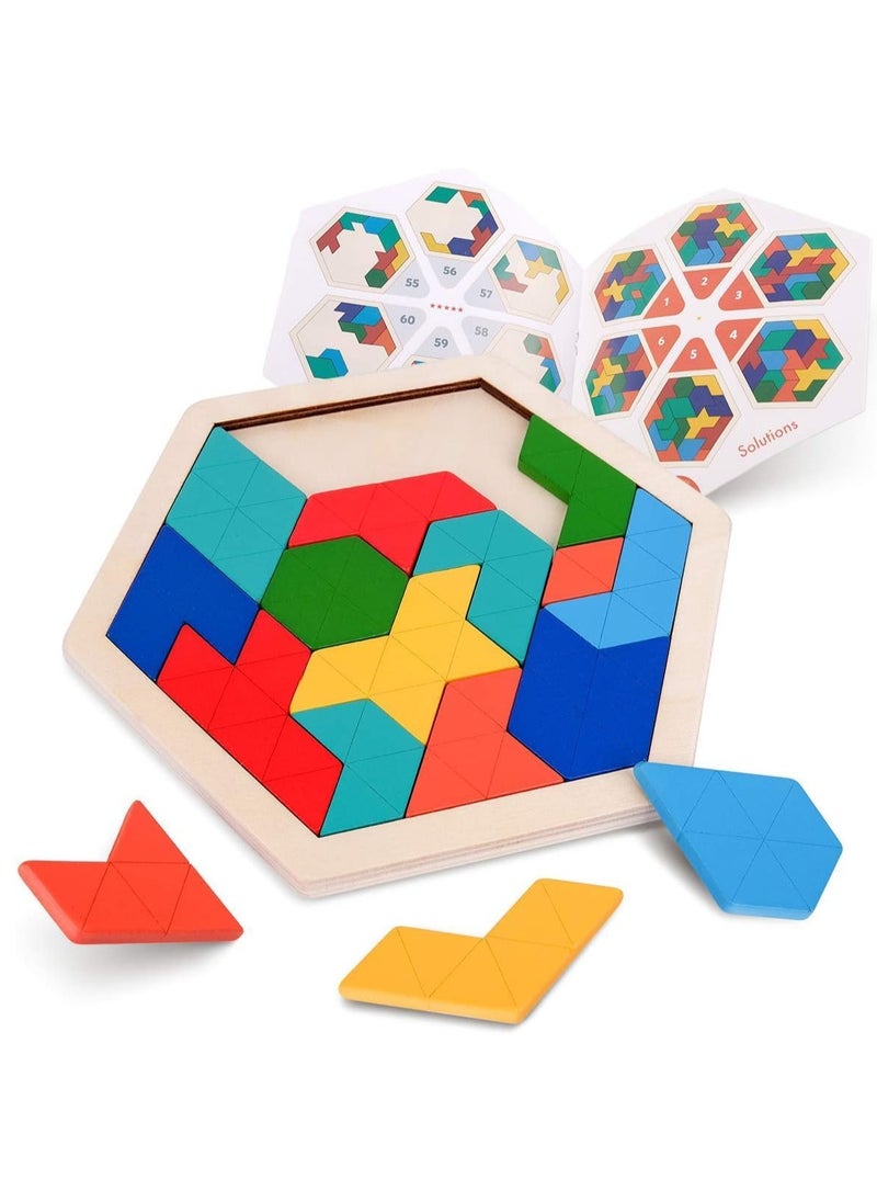 XICEN Kids Wooden Jigsaw Puzzles Hexagon Tangram Puzzle Toy Geometric Shape Blocks Brain Teaser Puzzles Travel Games for Children Adults  - Image 1