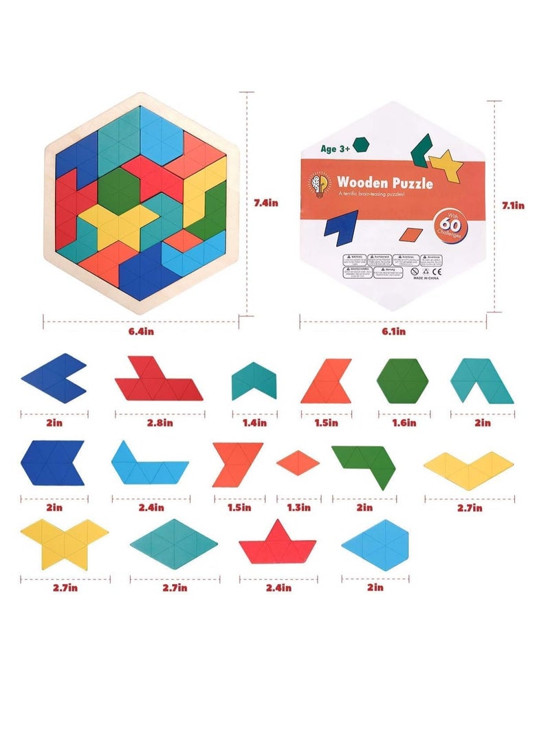 XICEN Kids Wooden Jigsaw Puzzles Hexagon Tangram Puzzle Toy Geometric Shape Blocks Brain Teaser Puzzles Travel Games for Children Adults  - Image 2