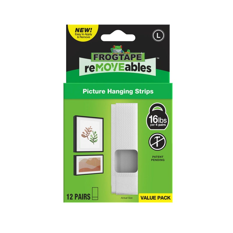 FrogTape reMOVEables Large Picture Hanging Strips, Damage-Free Removable Adhesive Wall Strips, Picture Hangers, Stick On Wall Mounting for Frames, Canvas, Home DÃ©cor, White, 12 Pairs (24 Pieces) - Image 1