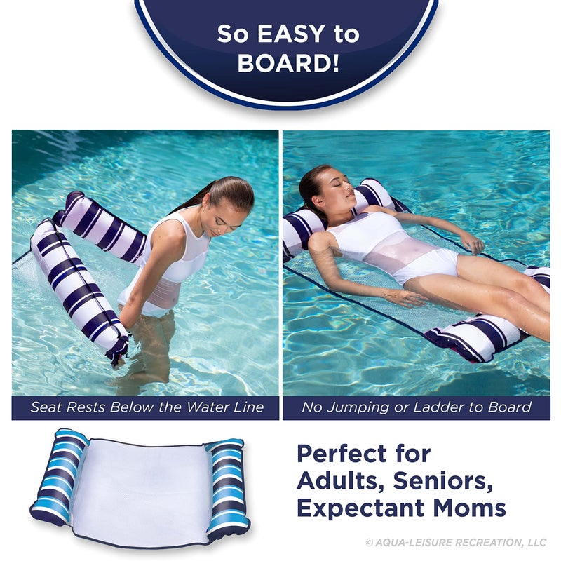 Aqua Leisure Aqua 4-in-1 Original Monterey Hammock XL Pool Float & Hammock - Multi-Purpose, Inflatable Pool Floats for Adults - Patented Thick, Non-Stick PVC Material â€“ Navy/White Stripe - Image 4