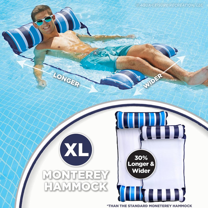 Aqua Leisure Aqua 4-in-1 Original Monterey Hammock XL Pool Float & Hammock - Multi-Purpose, Inflatable Pool Floats for Adults - Patented Thick, Non-Stick PVC Material â€“ Navy/White Stripe - Image 3