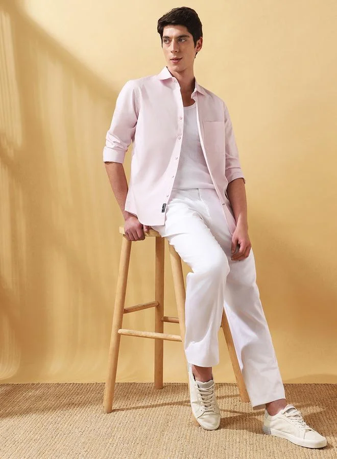 Dennis Lingo Men's Light Pink Poplin Solid Pattern Button Down Regular FiT-Shirt