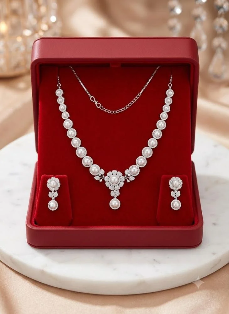 Viny silver Elegant Silver-Finish American Diamond & Pearl Imitation Necklace Set for Women - Perfect for Parties, Weddings, & Festivals (Diwali, Eid) for Women | Best Price UAE