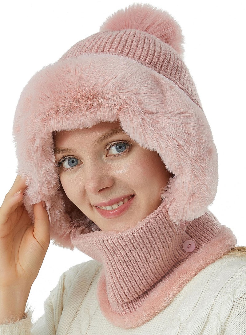 Excefore Winter Beanie Hat for Women, Winter Scarf Mask Set, Beanie Hats One Piece Warm Hooded Scarf Fleece Balaclava Pullover Knitted Hat Mask Set (Pink) - Image 3