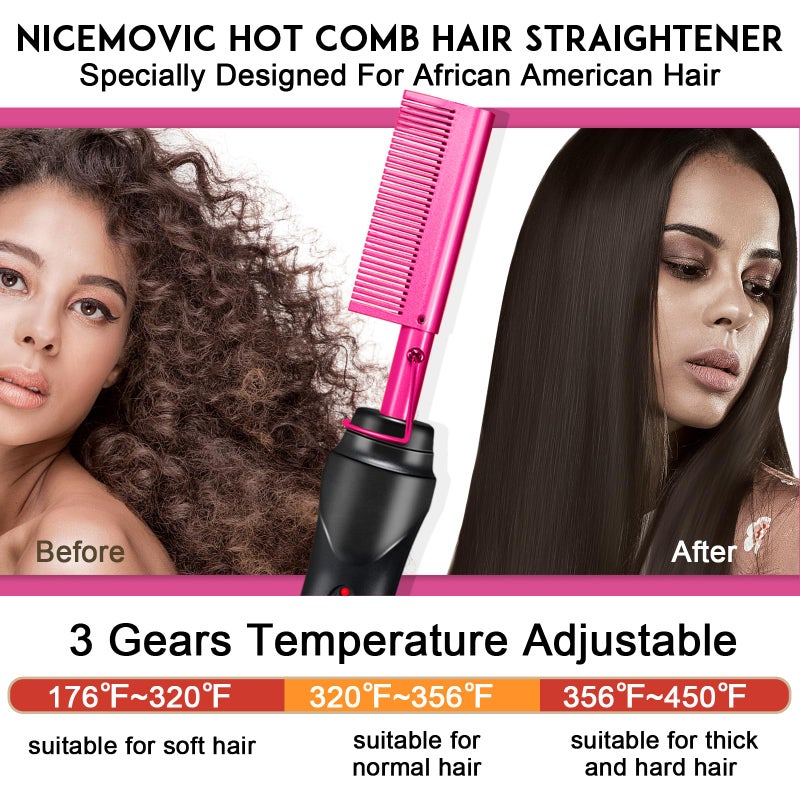 NICEMOVIC Ceramic Heating Hair Straightener Comb - Hot Pressing Brush for Natural Black Hair, Beard Wigs, and Curling (Pink) - Image 3