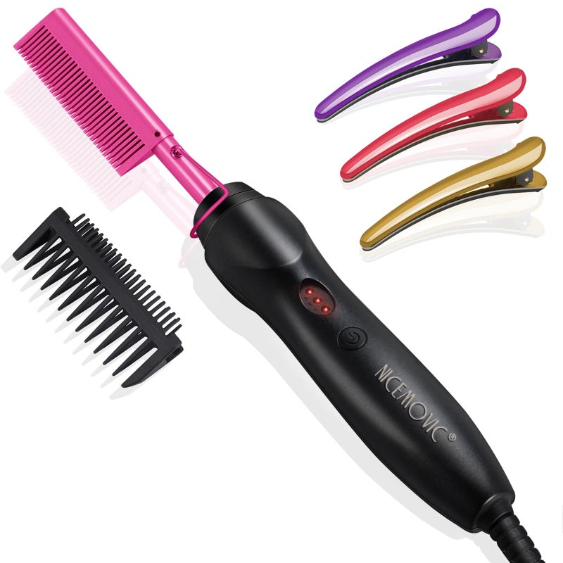 NICEMOVIC Ceramic Heating Hair Straightener Comb - Hot Pressing Brush for Natural Black Hair, Beard Wigs, and Curling (Pink) - Image 1