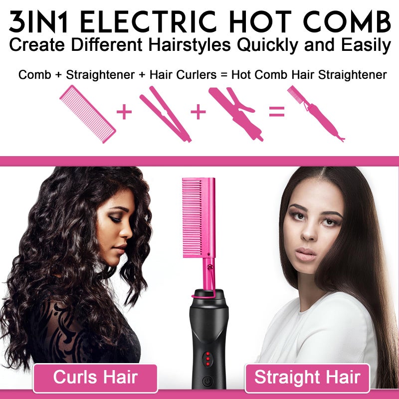 NICEMOVIC Ceramic Heating Hair Straightener Comb - Hot Pressing Brush for Natural Black Hair, Beard Wigs, and Curling (Pink) - Image 4