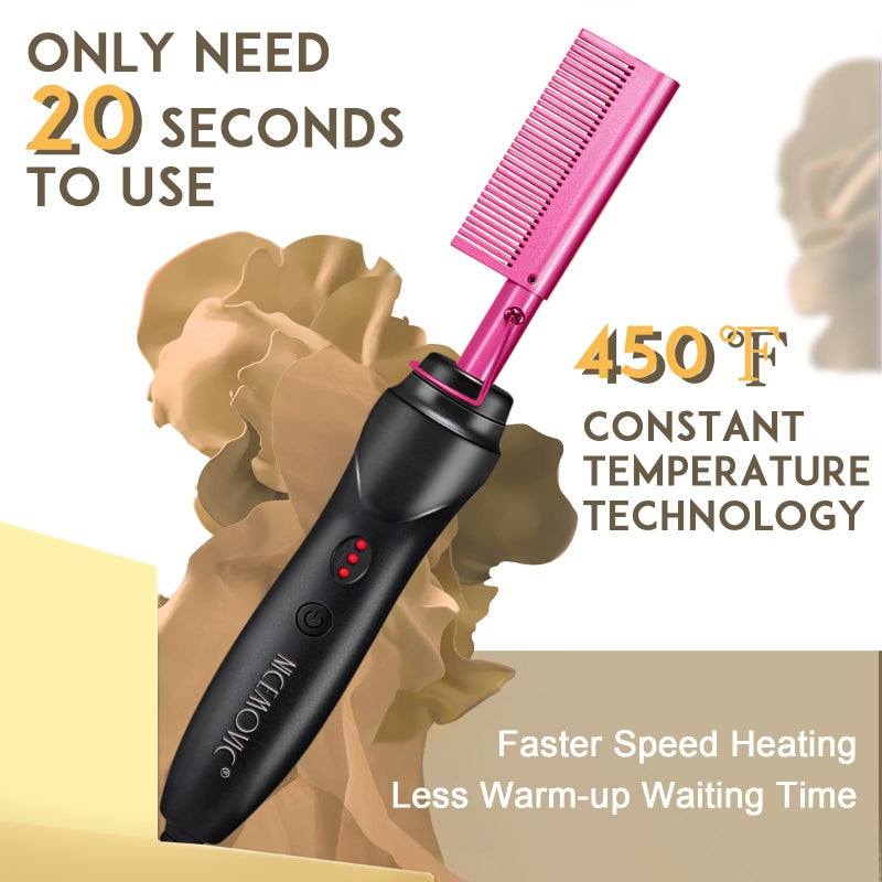NICEMOVIC Ceramic Heating Hair Straightener Comb - Hot Pressing Brush for Natural Black Hair, Beard Wigs, and Curling (Pink) - Image 2