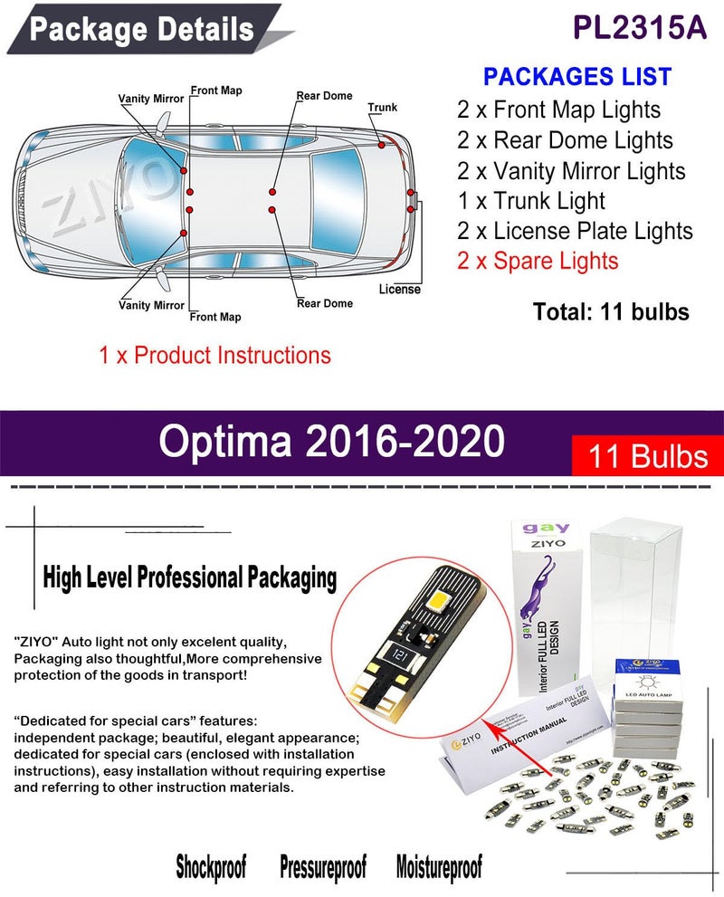 ZIYOLIGHT - PL2315A Replacement for Kia Optima 2016-2020 LED Interior Light kit, 6000K White Dome Lights Accessories Package + License Plate Light Bulbs Upgrade (11 Bulbs) - Image 2