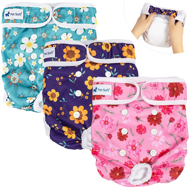 Pet Soft Washable Female Diapers (3 Pack) Female Dog Diapers, Comfort Reusable Doggy Diapers for Girl Dog in Period Heat (Cute Flower, S) - Image 1