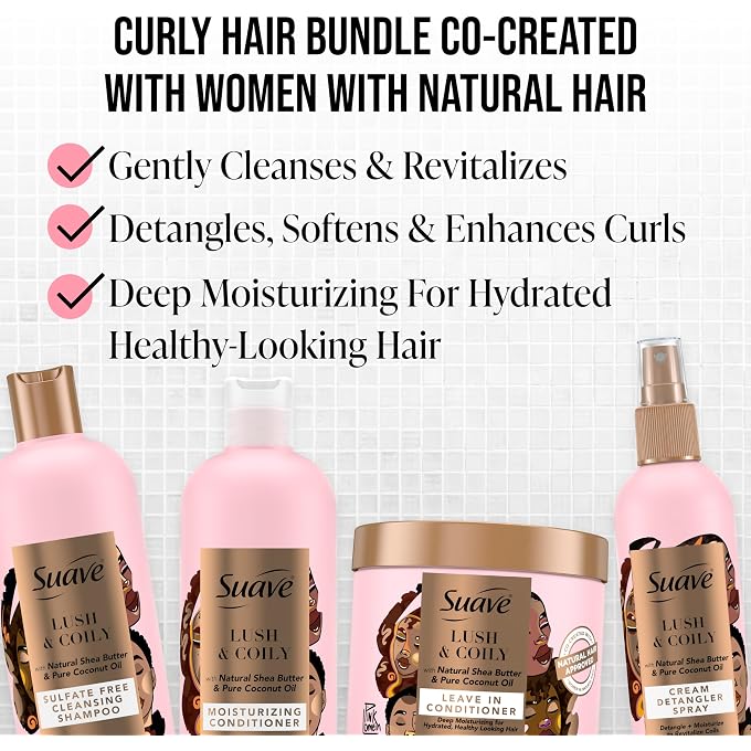 Suave Luscious Curly Hair Shampoo and Conditioner Set for Women With Natural Hair, with Leave-In Conditioner for Curly Hair and Detangling Spray, 4 Count - Image 2