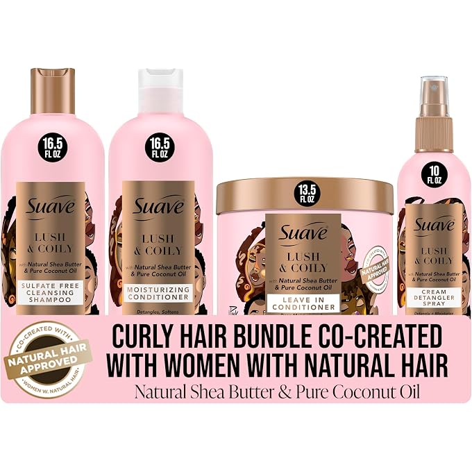 Suave Luscious Curly Hair Shampoo and Conditioner Set for Women With Natural Hair, with Leave-In Conditioner for Curly Hair and Detangling Spray, 4 Count - Image 1