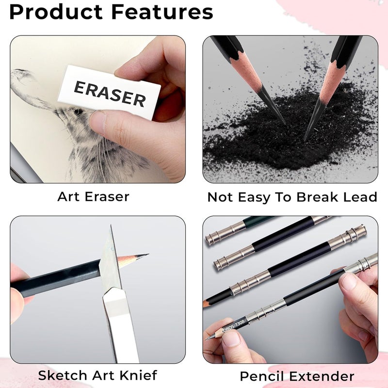 DaKos 38 Pieces Professional Sketching & Drawing Art Tool Kit - Drawing Pencil Set, Shading Pencil Set for Artists, Perfect Sketching Kit of Charcol Pencil with Rolling Pouch (MFP1230) - Image 4